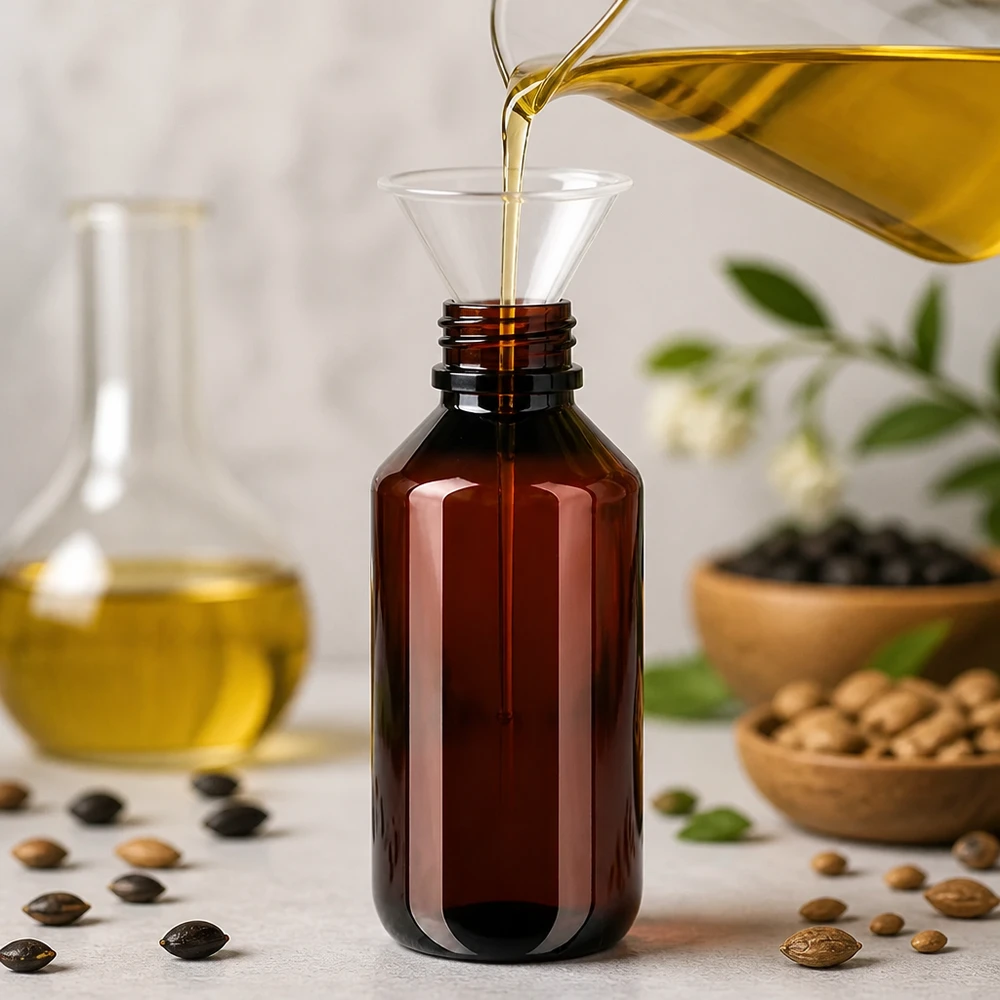 Butelka PET 200ml z czerwoną nakrętką OV Butelkę PET o pojemności 200 ml w kolorze bursztynowym napełnia się żółtym olejem roślinnym za pomocą lejka