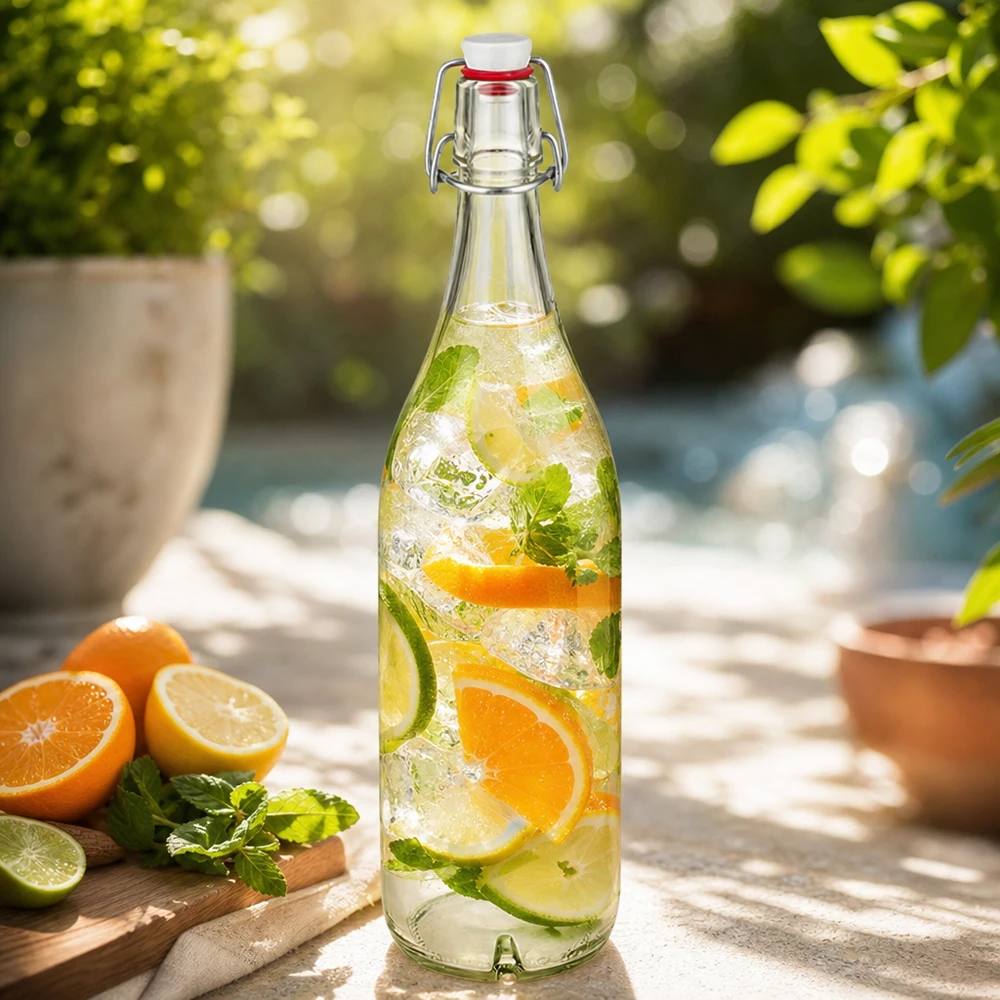 1000 ml szklana butelka z huśtawką wypełniona cytrusowym ponczem pomarańczowo-limonkowo-miętowym na słonecznym tarasie
