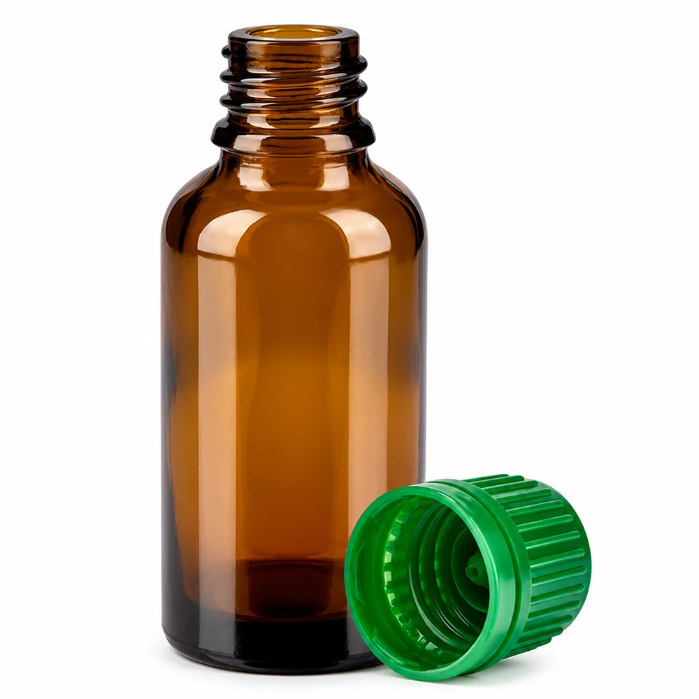 Butelka 30 ml 11 mm SV zielona OV BrownLine UT18/30 Mała 30 ml butelka z bursztynowego szkła z ochroną UV i zieloną zakrętką do bezpiecznego przechowywania