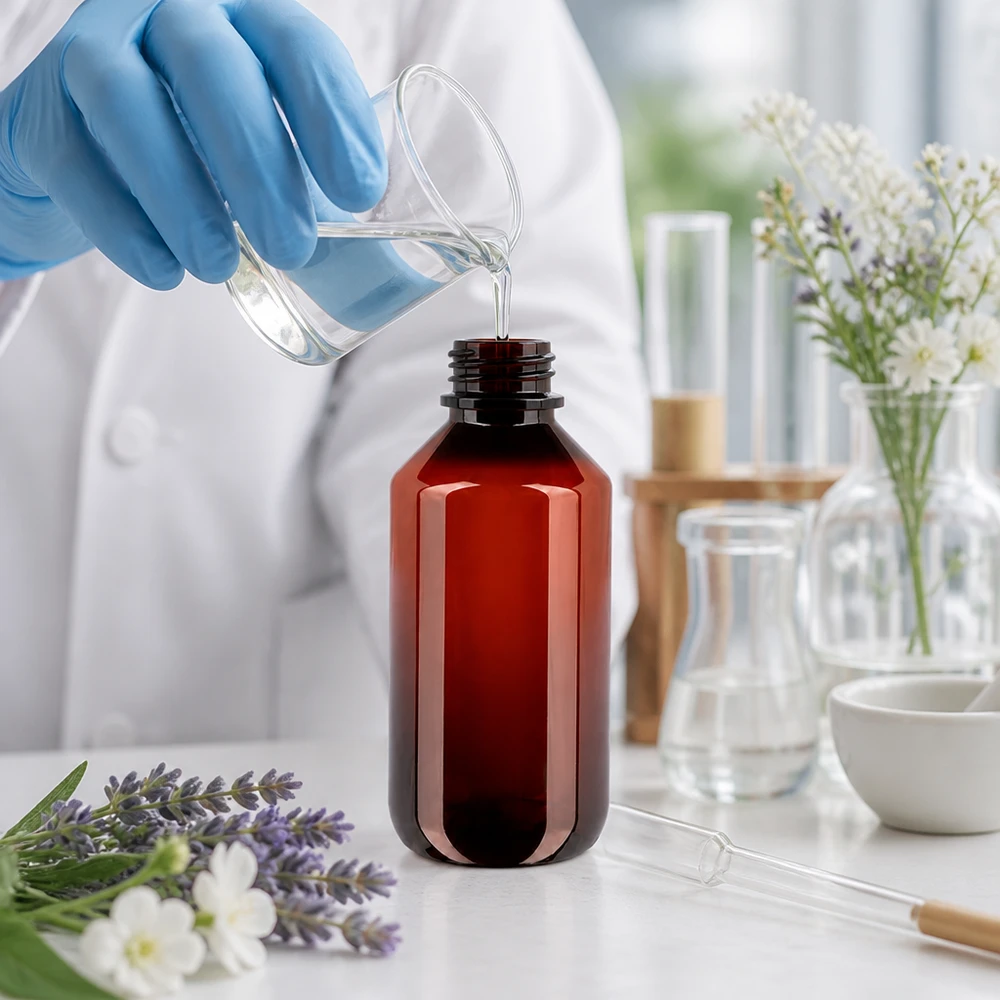 Butelka PET 200 ml z niebieską nakrętką OV Laborantka napełnia przezroczystą cieczą brązową butelkę PET o pojemności 200 ml z oryginalnym zamknięciem