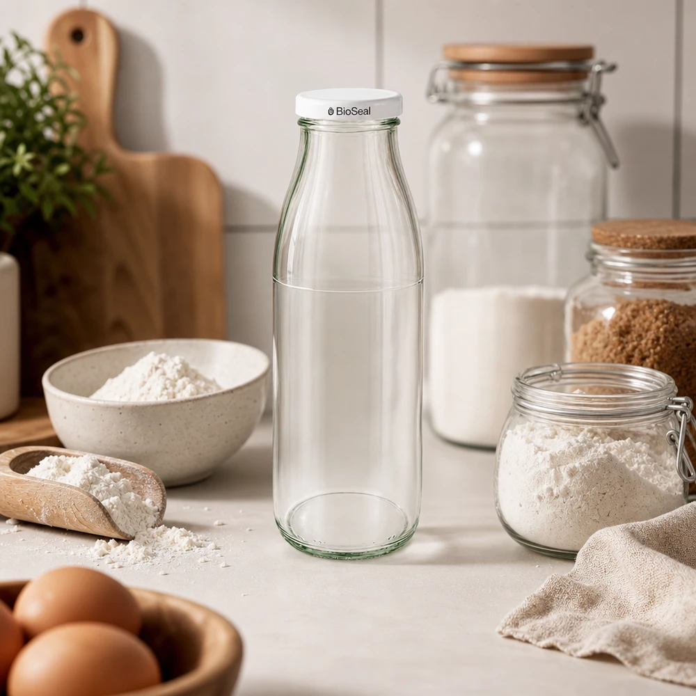 Butelka szklana 500 ml + pokrywka BioSeal biała UNiTWIST. Całkowicie szczelna z dużą pokrywką TO48. Do mleka, soków i lemoniady. 500ml Glasflasche mit weißem BioSeal Deckel in skandinavischer Küche zwischen Mehl, Eiern und Vorratsgläsern