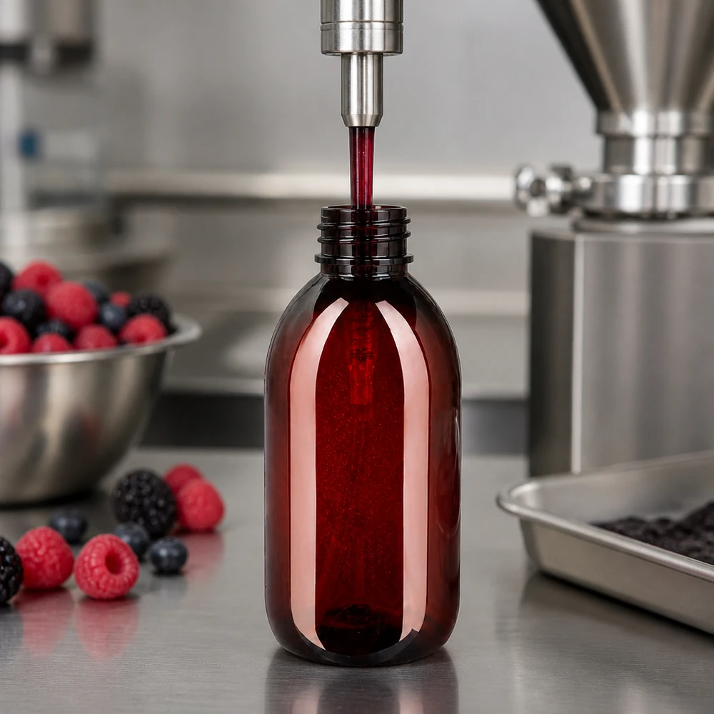 Linia rozlewnicza napełnia bursztynowe butelki PET o pojemności 250 ml czerwonym sokiem jagodowym w ramach produkcji spożywczej