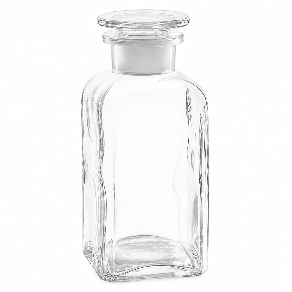 Kwadratowa butelka 350 ml, przezroczysta, szklana zatyczka z szeroką szyjką Butelka kwadratowa 350 ml, przezroczysta, z szklanym korkiem, o szerokiej szyjce, wykonana z wysokiej jakości przezroczystego szkła