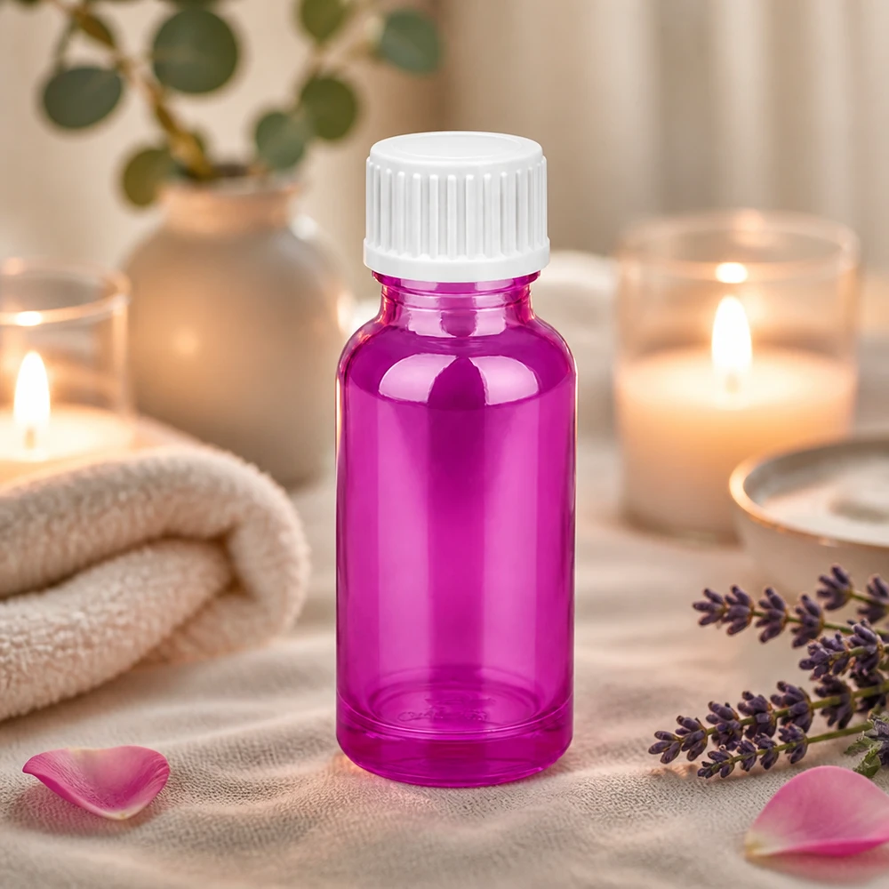 Wysokiej jakości szklana butelka o pojemności 20 ml w eleganckim fioletowym kolorze z zakrętką zabezpieczającą przed dziećmi