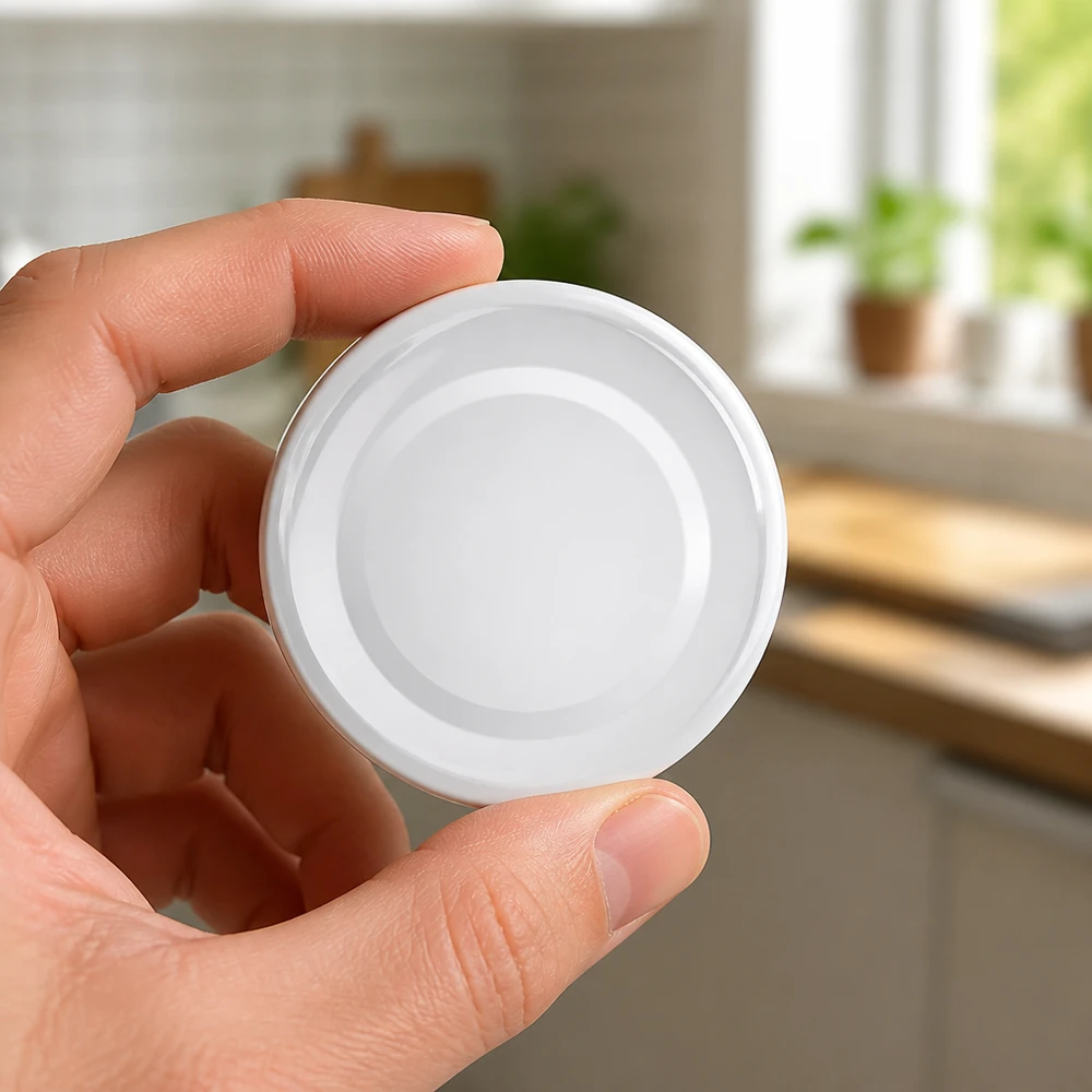Biała nakrętka TO48 o średnicy 48 mm firmy UNiTWIST trzymana w dłoni