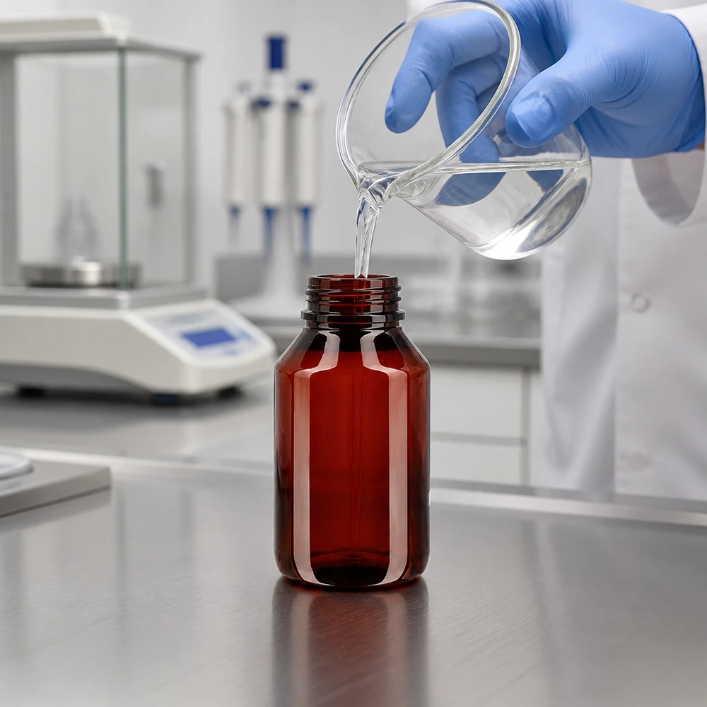 Laborant, mając na rękach rękawiczki ochronne, napełnia bursztynową butelkę PET o pojemności 50 ml przezroczystym płynem
