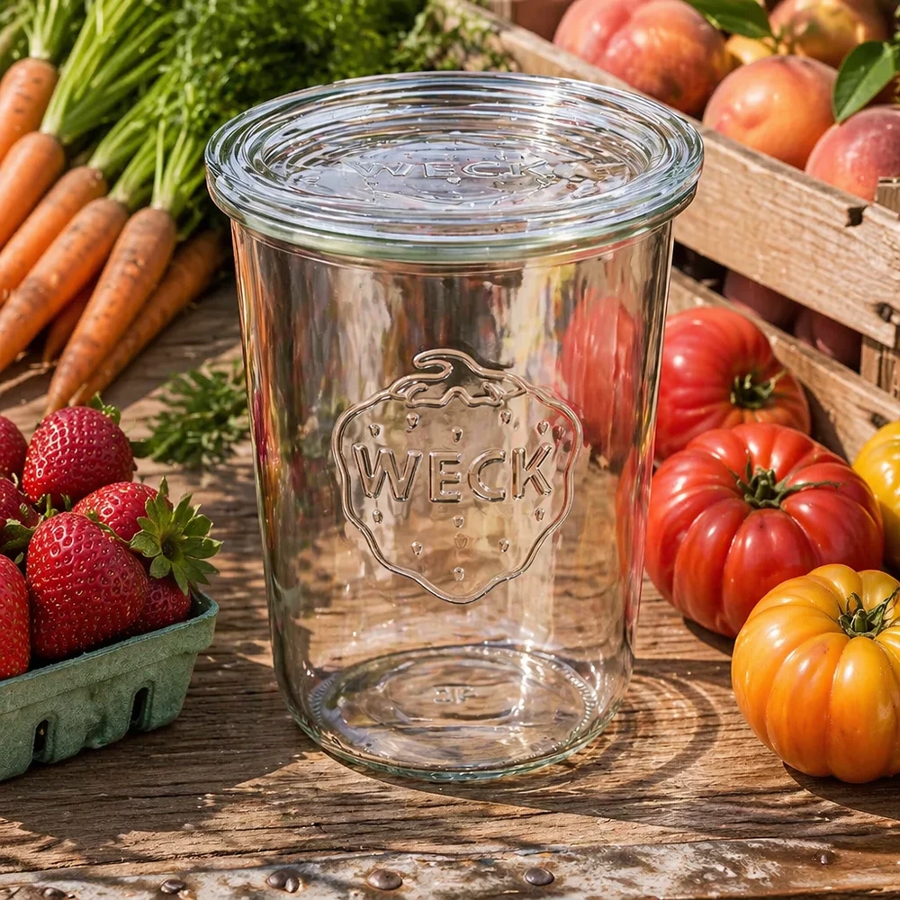 Słoik o pojemności 850 ml z szklaną pokrywką WECK RR100 Kubki WECK 850ml RR100 otoczone świeżymi warzywami i owocami pokazują wszechstronne zastosowanie do przygotowywania i przechowywania posiłków.