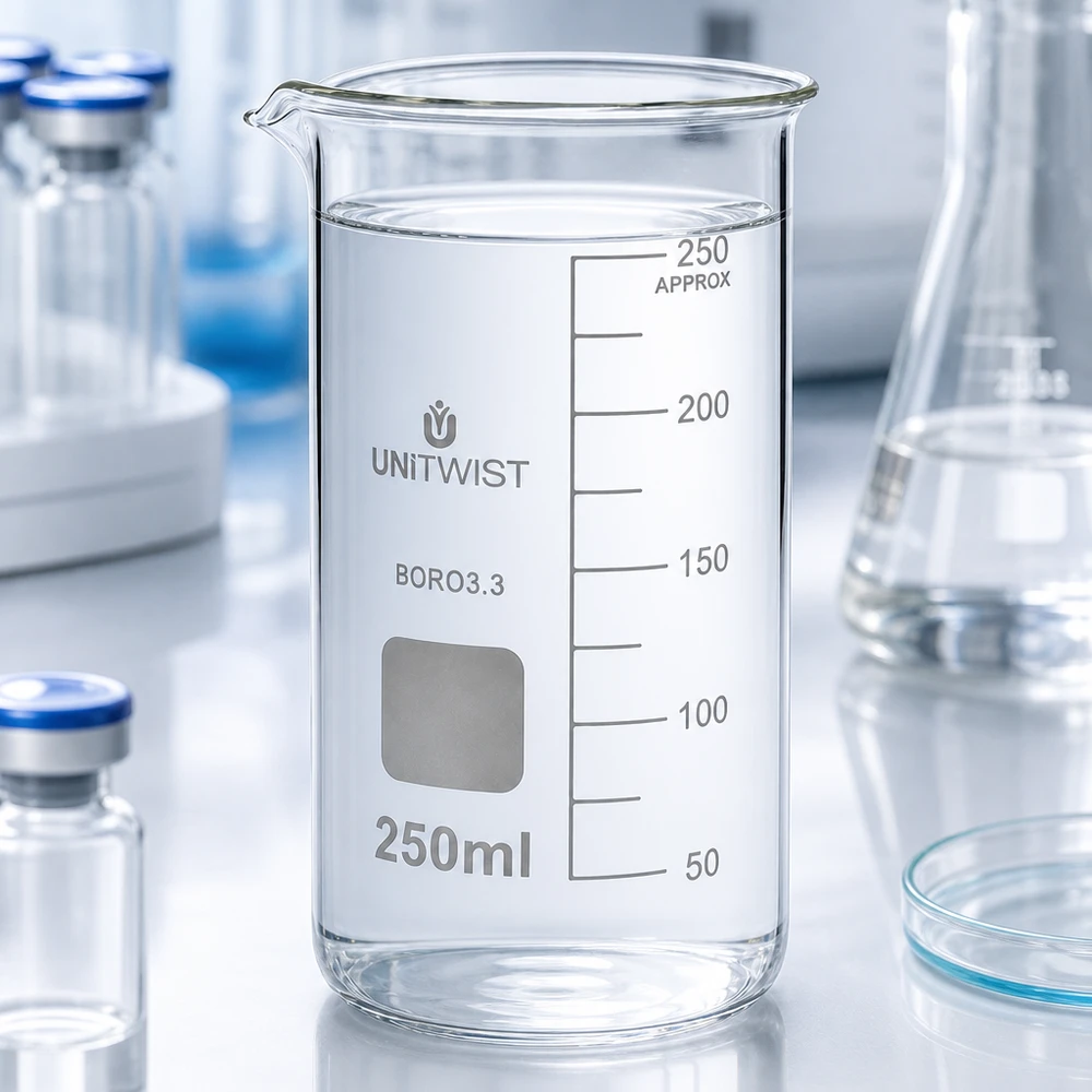Szklanka UNITWIST o pojemności 250 ml, wysoka, wykonana ze szkła borokrzemowego, z białym polem do opisywania i podziałką milimetrową