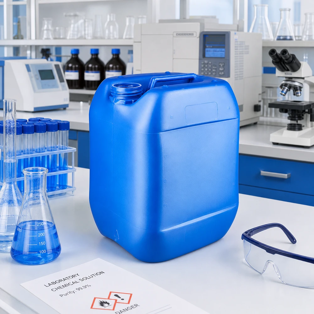 Kanister 10 litrów niebieski bez zamknięcia Niebieski kanister o pojemności 10 litrów bez zamknięcia na białym stole laboratoryjnym obok kolby Erlenmeyera