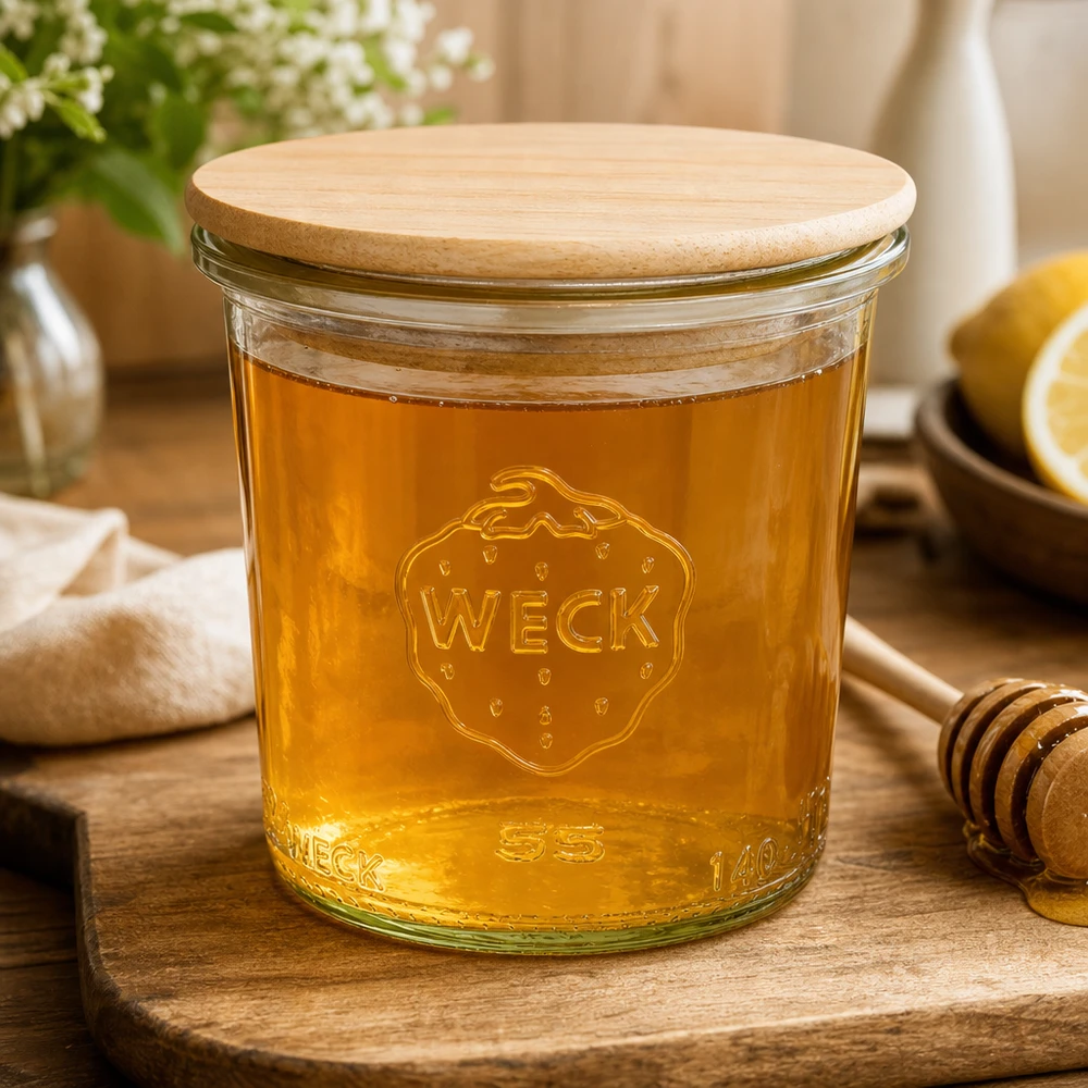 Słoik WECK 140 ml RR60 wypełniony miodem i drewnianą pokrywką pokazuje wszechstronność słodkich smarowideł