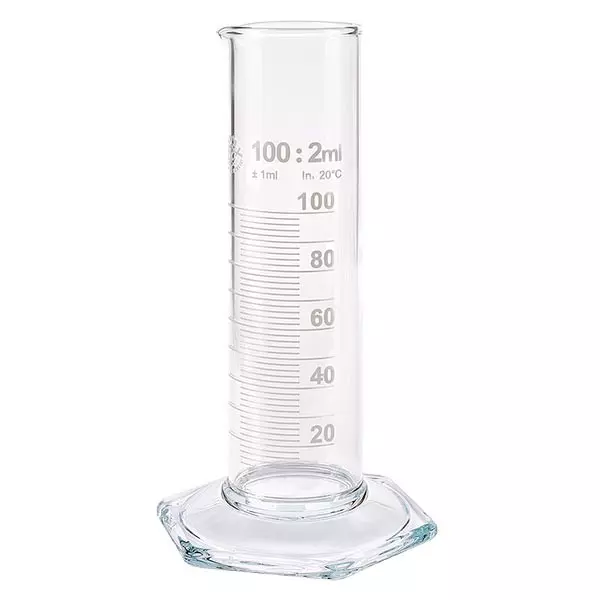 Cylinder miarowy 100 ml NF wykonany ze szkła, biała skala. NF = niska forma. Skala wykonana ze szkła borokrzemowego z wylewką. Sześciokątna podstawa. Cylinder miarowy 100 ml NF wykonany ze szkła, biała skala. NF = niska forma. Skala wykonana ze szkła borokrzemowego z wylewką. Sześciokątna podstawa.