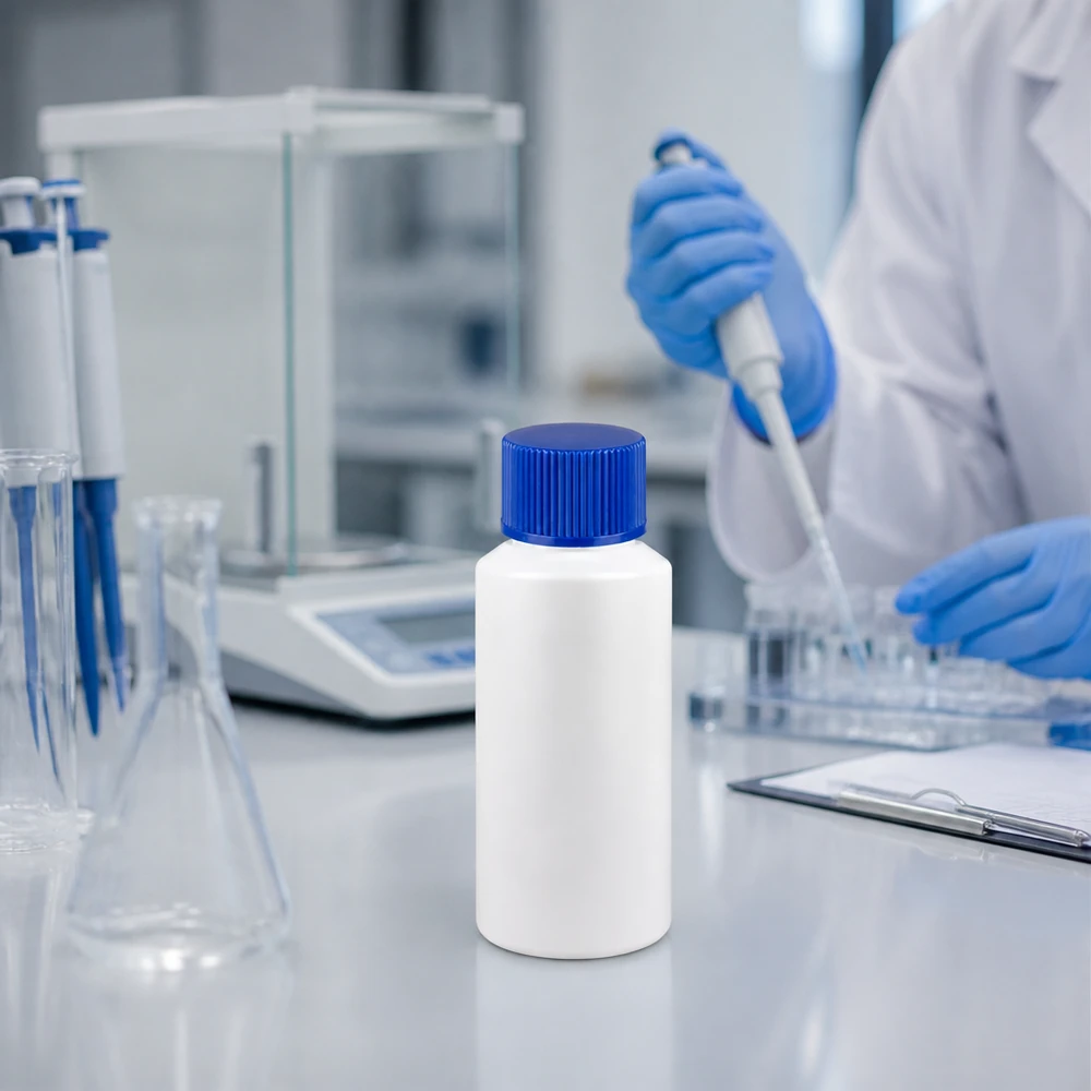 Biała butelka apteczna z HDPE o pojemności 30 ml z niebieskim zamknięciem zabezpieczającym, przeznaczona do profesjonalnych laboratoriów