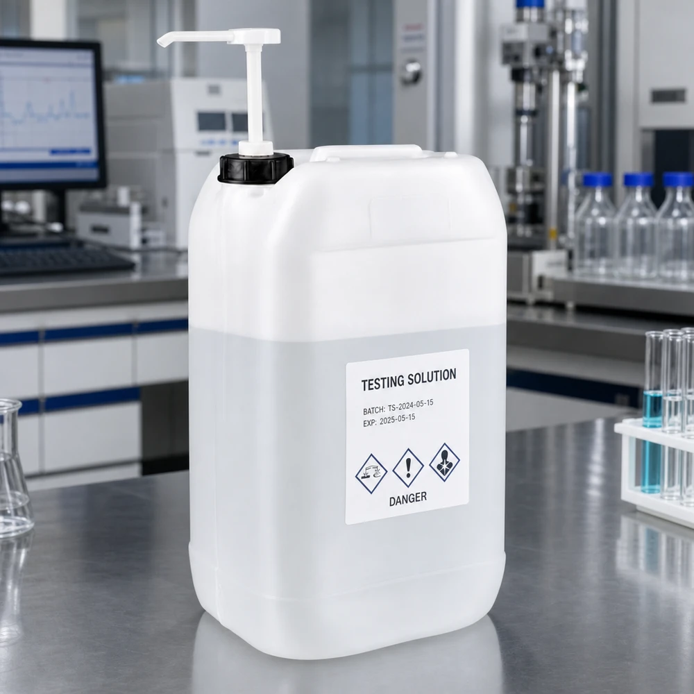 15-litrowy kanister laboratoryjny z pompą dozującą i symbolami zagrożenia GHS dla substancji chemicznych