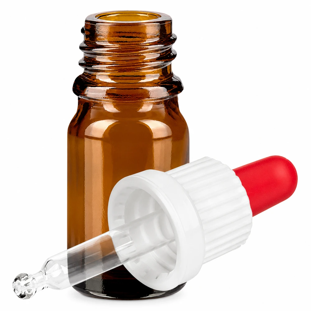 Butelka do leków płynnych 5 ml biała/czerwona OV BrownLine UT18/5 Brązowa szklana butelka o pojemności 5 ml z nasadką pipety OV BrownLine UT18/5 do precyzyjnego dozowania płynów