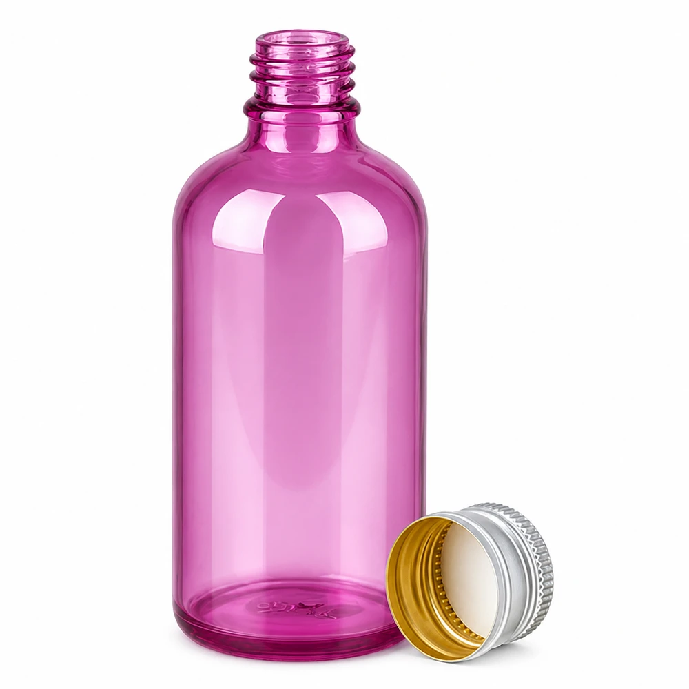Butelka 100 ml. Zakrętka 11 mm aluminiowo-srebrna w standardzie PurpleLine. UT18/100 Fioletowa szklana butelka 100 ml ze srebrną zakrętką na olejki eteryczne i serum