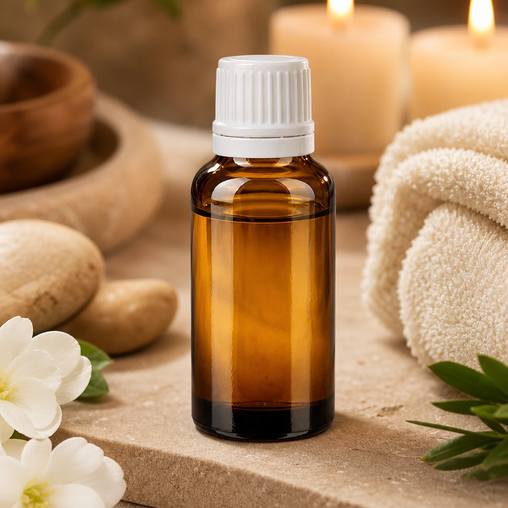 Mała buteleczka apteczna z brązowego szkła o pojemności 20 ml z białym zakraplaczem, przeznaczona do olejków do masażu i produktów wellness