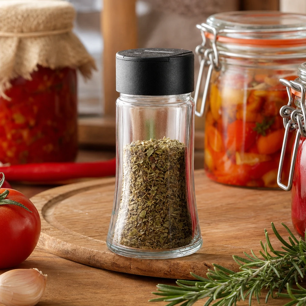 Słoik na sól/przyprawy o pojemności 95 ml z podwójną dozownicą, czarny Słoik na przyprawy o pojemności 95 ml wypełniony oregano, z czarnym podwójnym posypywaczem, na drewnianej desce z pomidorami