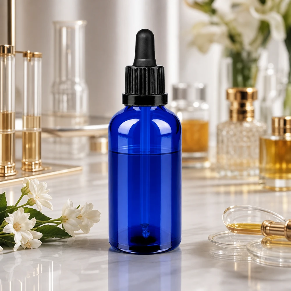 50 ml butelka do leków płynnych czarna OV BlueLine UT18/50 Wysokiej jakości szklana butelka o pojemności 50 ml z ochroną przed promieniowaniem UV dzięki niebieskiemu zabarwieniu i precyzyjnemu zakraplaczowi