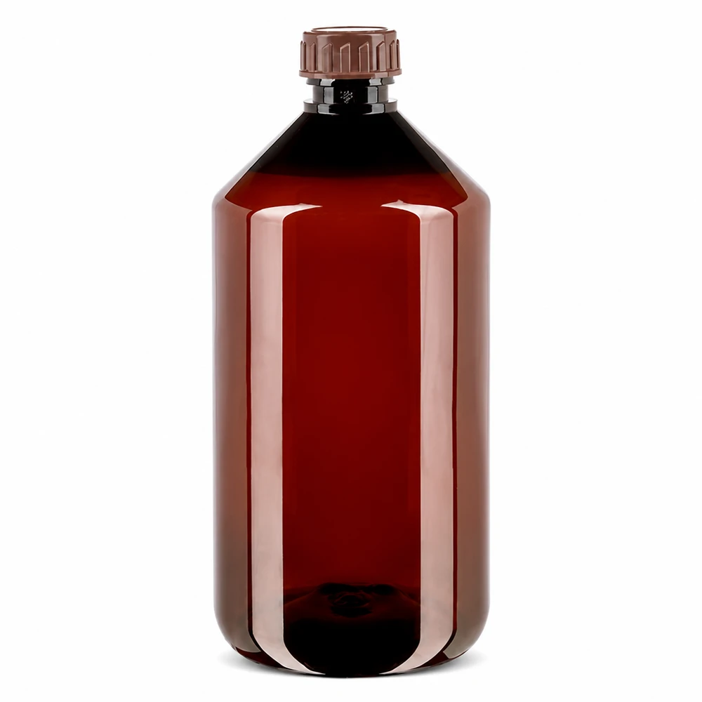 Brązowa butelka PET o pojemności 750 ml z zakrętką, chroniąca przed światłem, przeznaczona do płynów