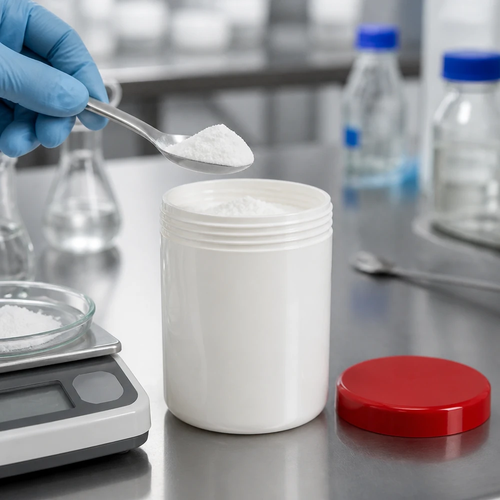 Słoik na maść 800g biały z czerwoną zakrętką (PP) Słoik na maść 800 g, biały z czerwoną pokrywką, napełniany w laboratorium proszkiem na wadze precyzyjnej