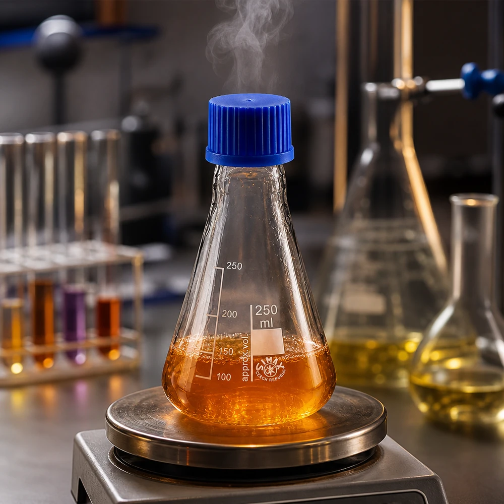 Kolba Erlenmeyera 250 ml z pomarańczową zawartością na płycie grzejnej w laboratorium
