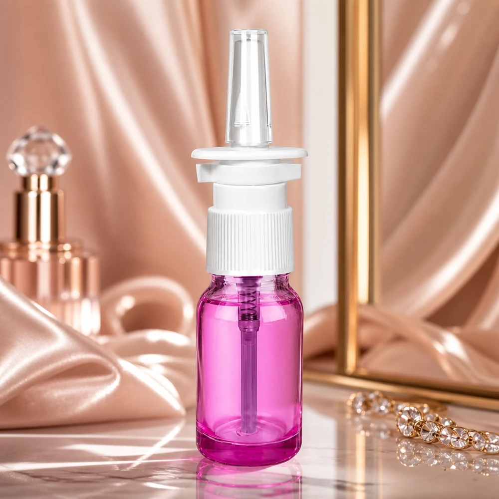 Butelka z rozpylaczem do nosa 10ml biała/przezroczysta standardowa PurpleLine. UT18/10 Wysokiej jakości 10 ml butelka ze sprayem do nosa z białą pompką w eleganckim fioletowym szkle do terapii