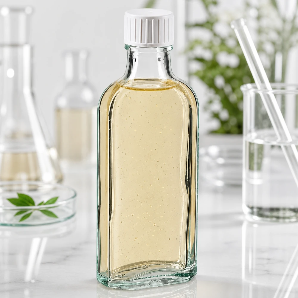 Płaska szklana butelka Meplat o pojemności 100 ml z zakrętką i żółtym ekstraktem naturalnym w otoczeniu laboratoryjnym