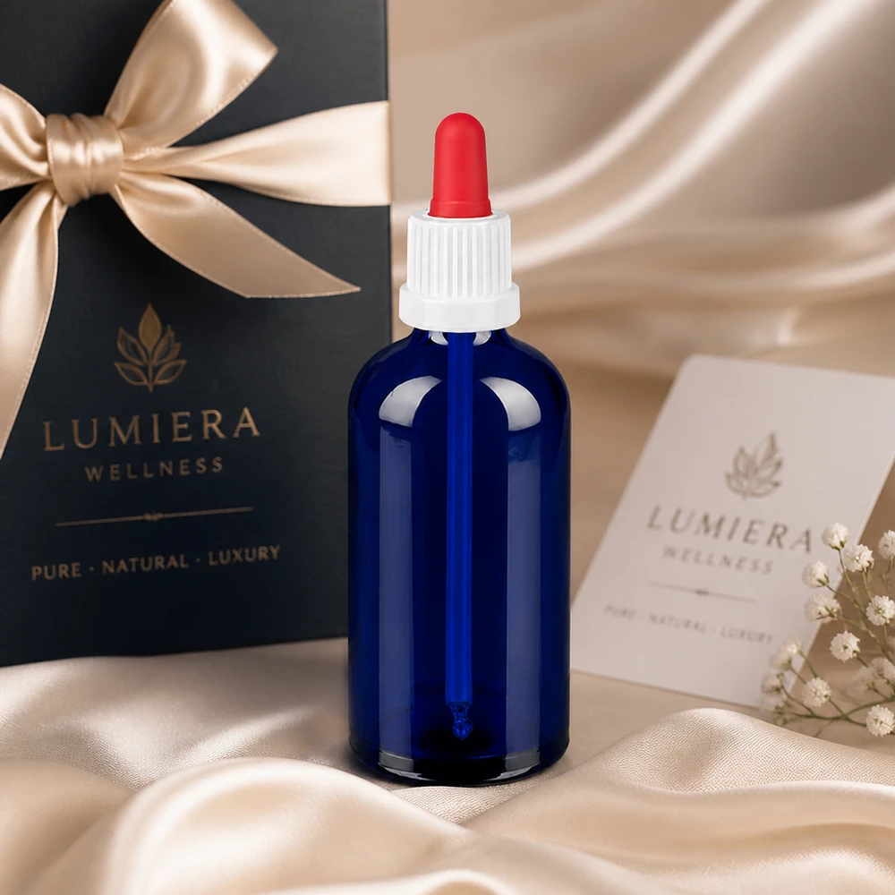 Butelka do leków płynnych 100 ml biała/czerwona OV BlueLine UT18/100 Elegancka butelka z zakraplaczem o pojemności 100 ml wykonana z niebieskiego szkła - idealna do kosmetyków i olejków eterycznych
