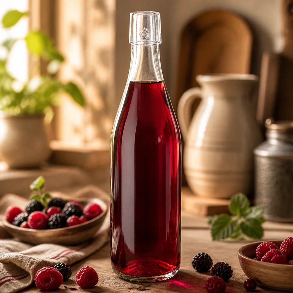 Butelka szklana 500 ml bez zamknięcia typu UNiTWIST 500 ml szklana butelka UNiTWIST wypełniona sokiem z czerwonych jagód jako lifestylowa aplikacja w rustykalnej kuchni
