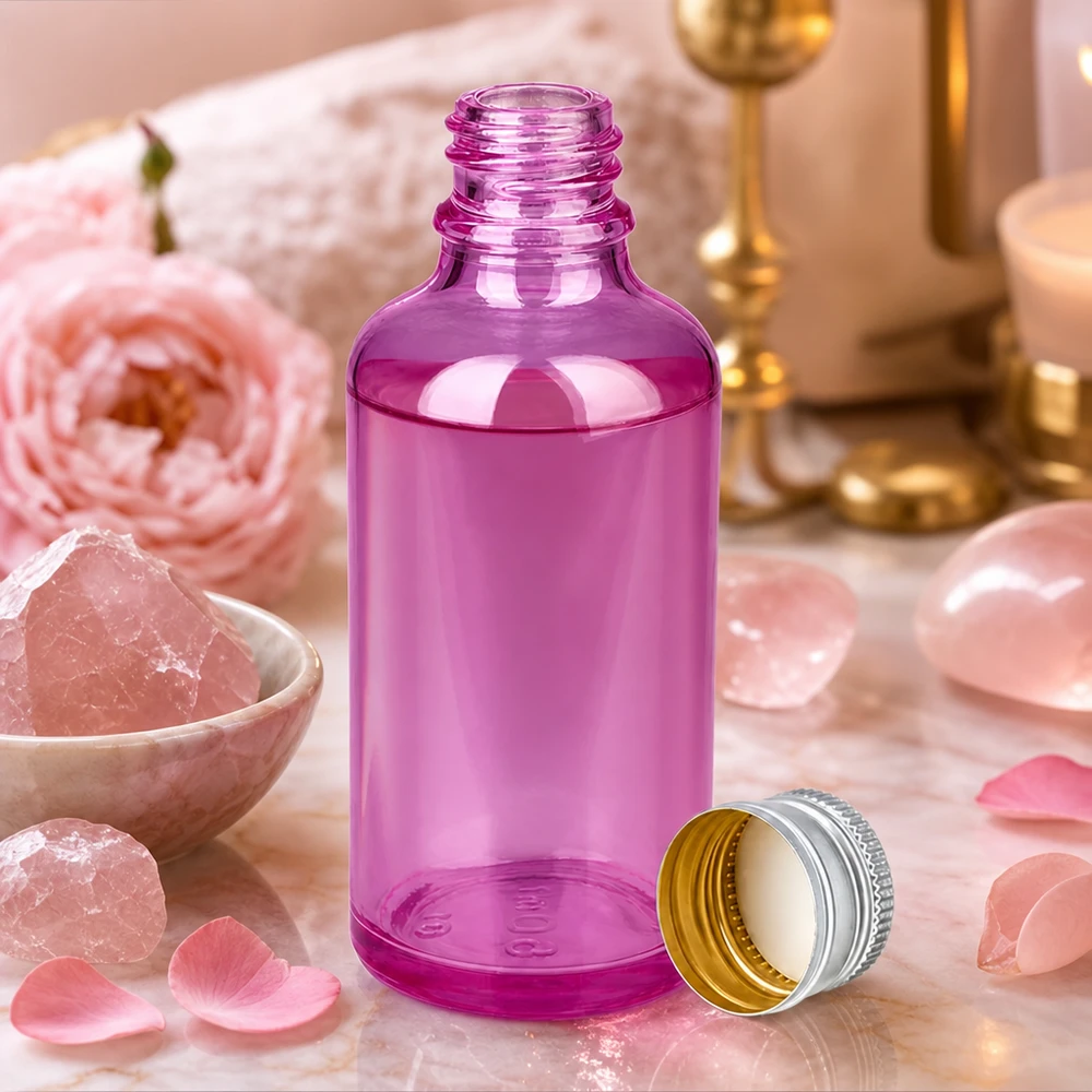 Wysokiej jakości butelka o pojemności 50 ml wykonana z fioletowego szkła z elegancką aluminiowo-srebrną zakrętką dla produktów premium.