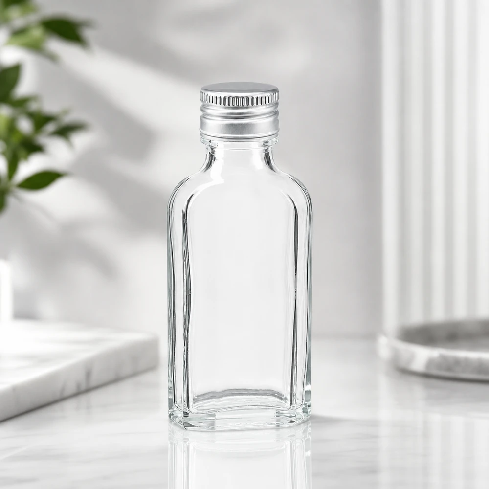Butelka Meplat o pojemności 50 ml, wykonana z przezroczystego szkła, z srebrzystym zakrętkiem PP22 na białej marmurowanej powierzchni