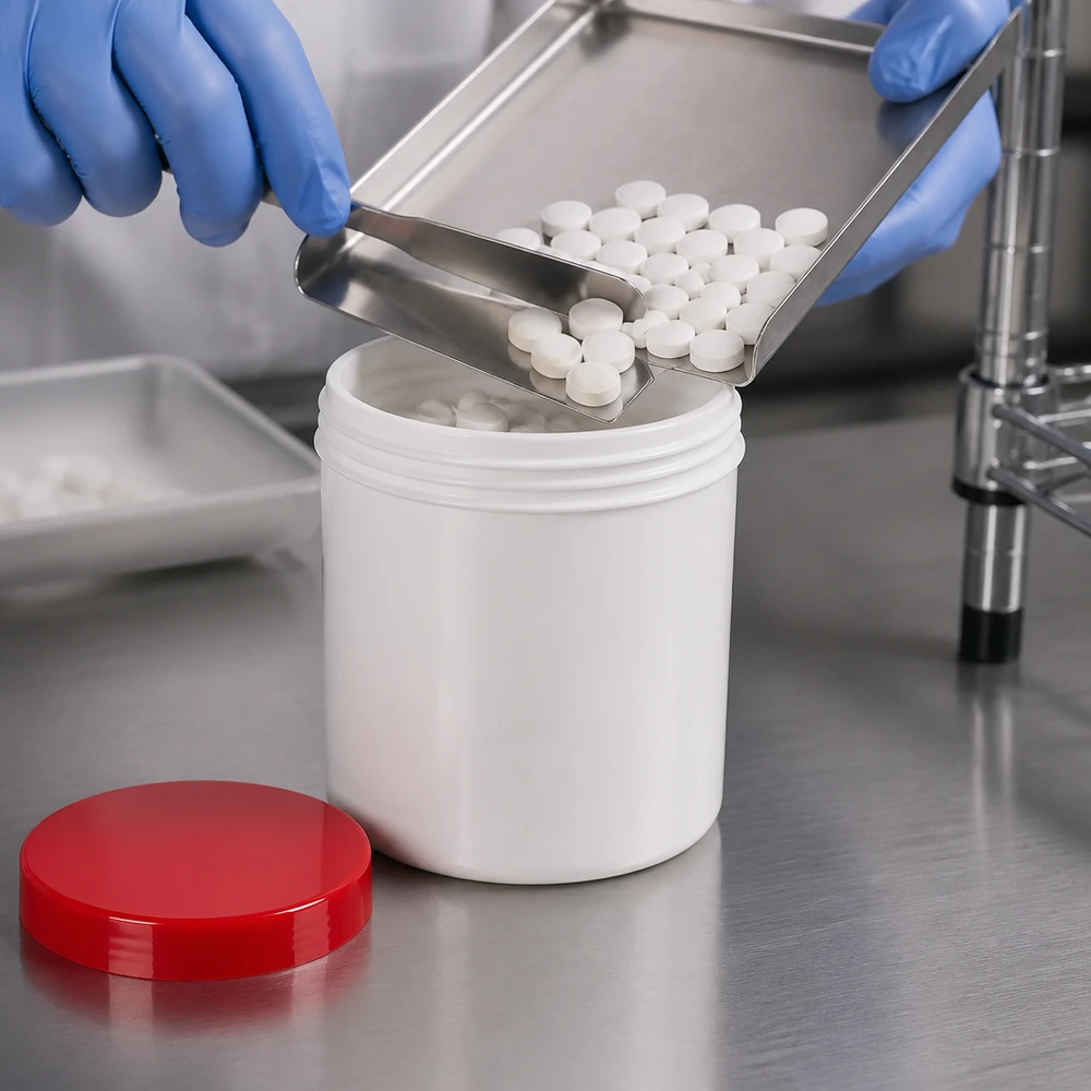 Słoik na maść 300g biały z czerwoną zakrętką (PP) Farmaceutyczny słoik na maść o pojemności 300 g, wykonany z białego tworzywa PP, z czerwoną pokrywką, przeznaczony do napełniania tabletkami