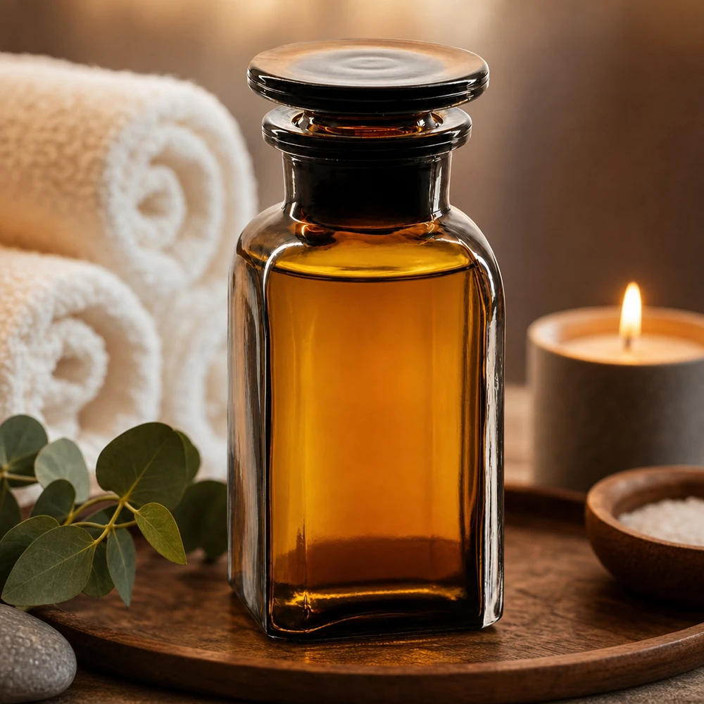 Kwadratowa butelka 100 ml z brązową szeroką szyjką i szklanym korkiem Butelka na olejek do aromaterapii o pojemności 100 ml, wykonana z brązowego szkła o kwadratowym kształcie, z szklanym korkiem, na drewnianej podstawce
