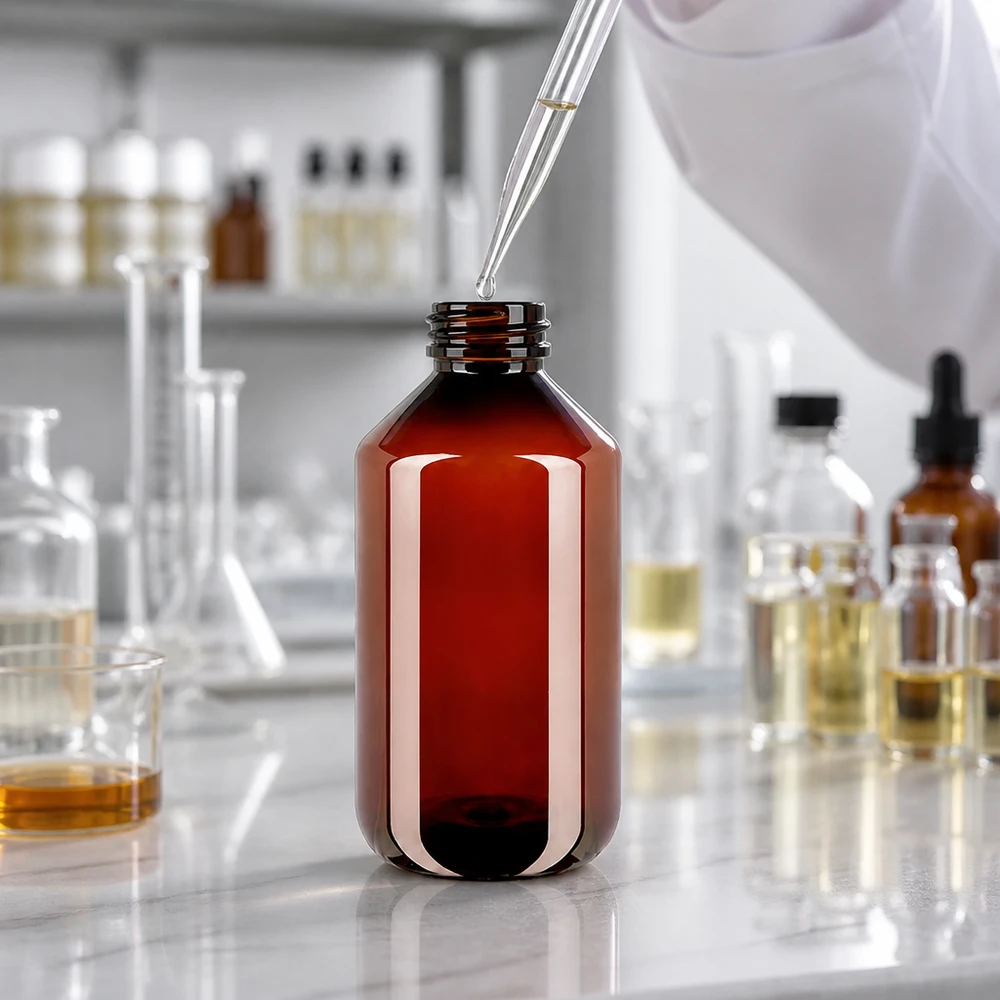 Butelka PET 500ml z czerwoną nakrętką OV Brązowa butelka PET o pojemności 500 ml z oryginalnym czerwonym zamknięciem i pipetą, przeznaczona do zastosowań laboratoryjnych