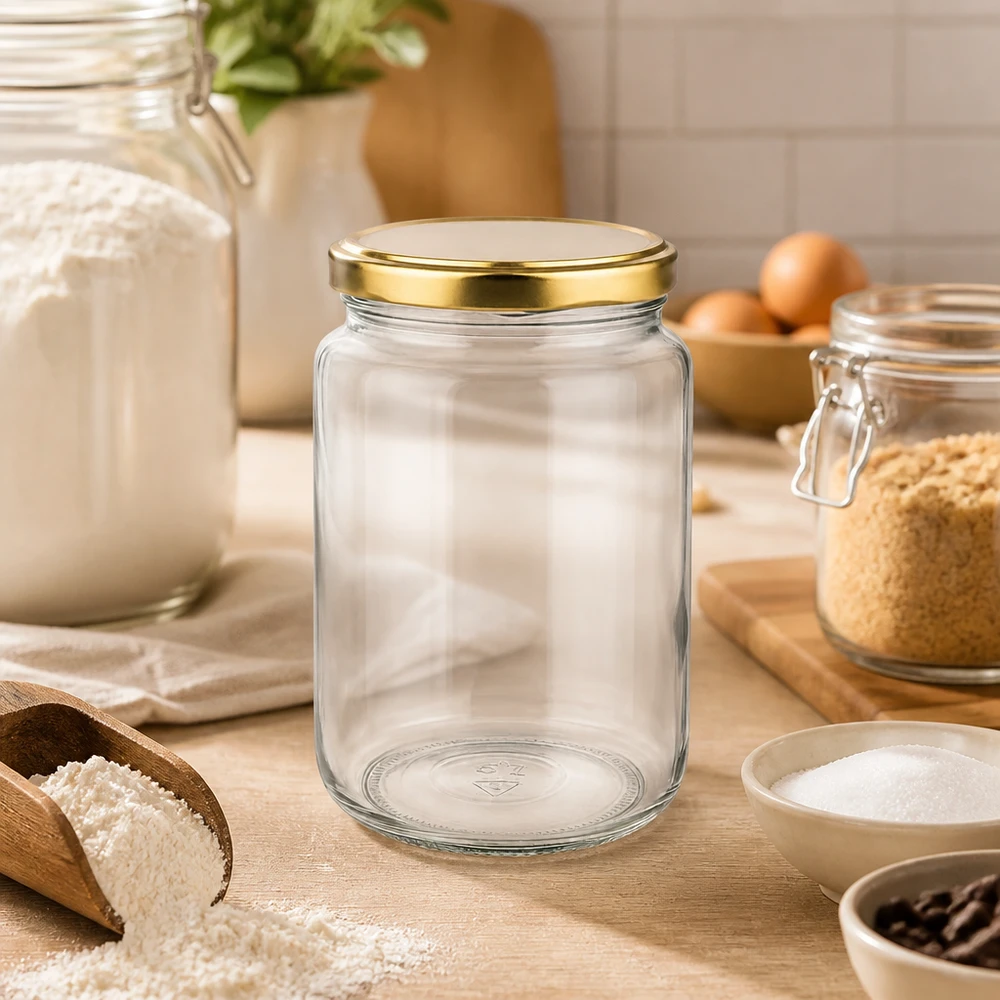 Słoik okrągły 795 ml z pokrywką BasicSeal w kolorze złotym UNiTWIST Okrągły słoik o pojemności 795 ml ze złotą pokrywką BasicSeal w kuchennej atmosferze z mąką i składnikami do pieczenia na drewnianej desce