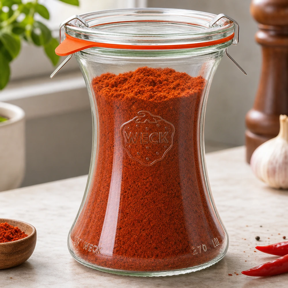 WECK słoik delikatesowy 370ml RR80 wypełniony czerwoną papryką w proszku Przechowywanie przypraw w kuchni