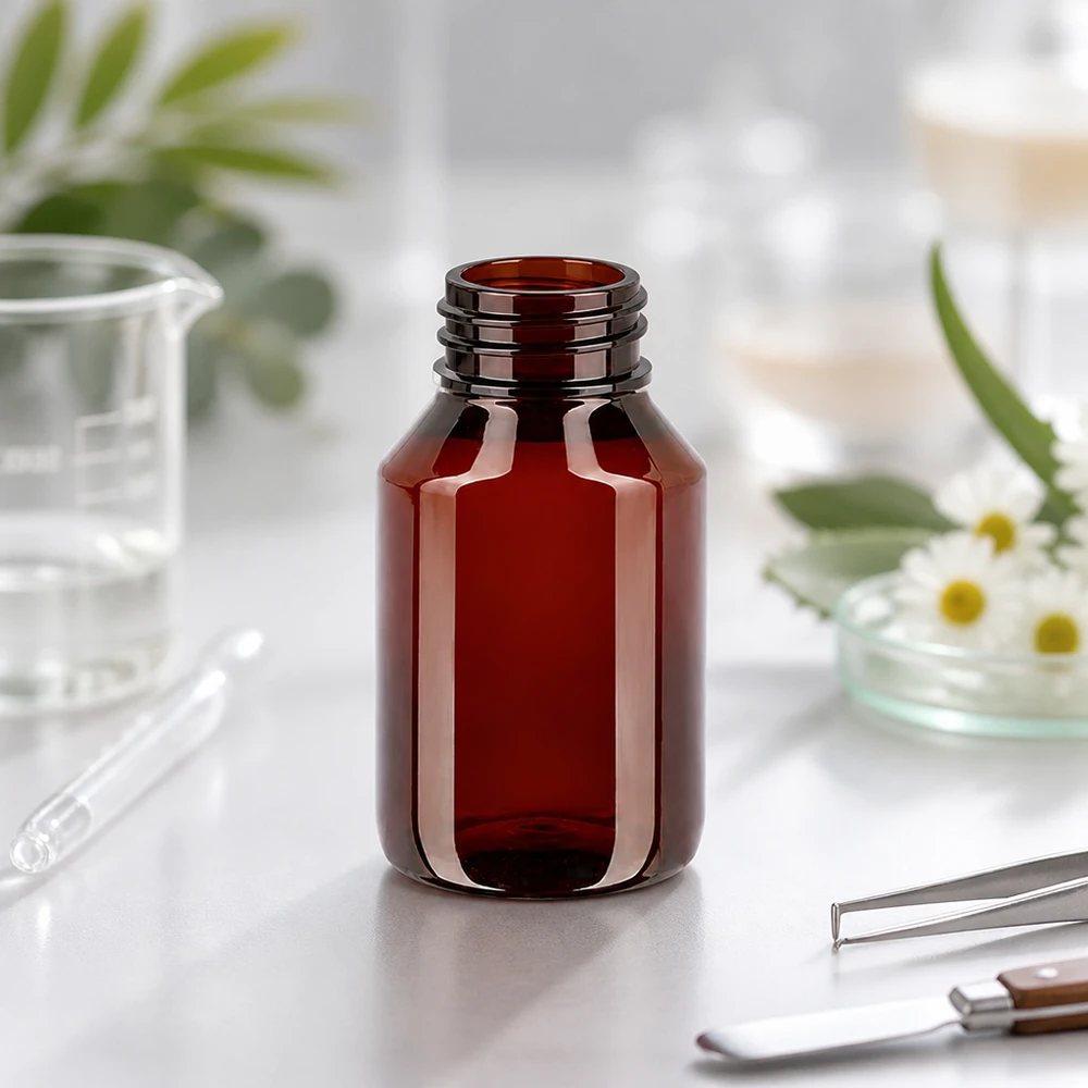 Butelka PET 50 ml z białą nakrętką typu flip-top. Mała brązowa butelka PET o pojemności 50 ml bez zakrętki z gwintem, przeznaczona do zastosowań farmaceutycznych