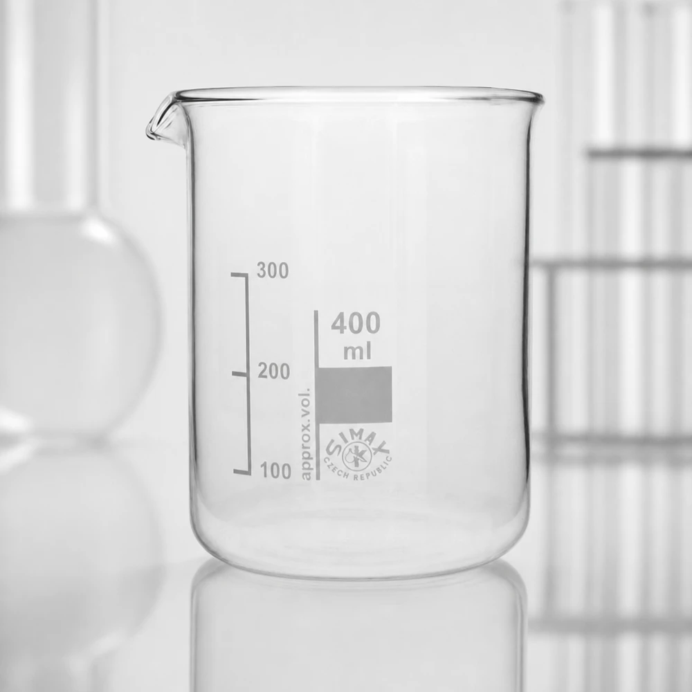Zlewka laboratoryjna 400 ml, niski kształt z praktycznym dziobkiem do precyzyjnego dozowania