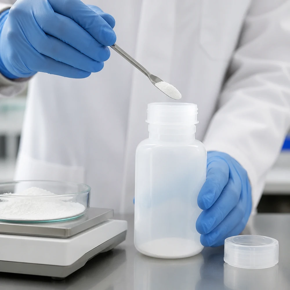 Butelka laboratoryjna 250 ml z szeroką szyjką i zakrętką Befüllung einer 250ml Weithalsflasche mit weißem Pulver auf Edelstahl-Laboroberfläche