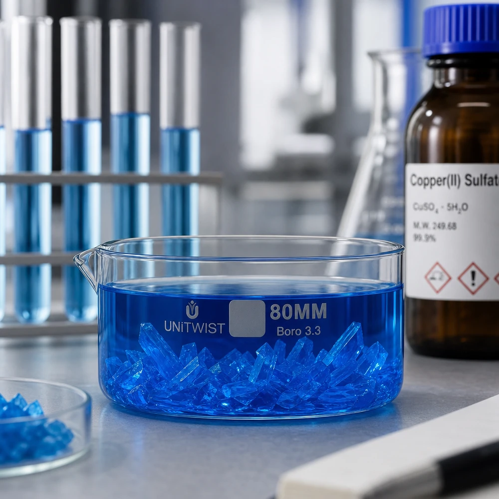 Niebieskie kryształy siarczanu miedzi w miseczce krystalizacyjnej UNiTWIST 80 mm ze szkła borokrzemowego do zastosowań laboratoryjnych