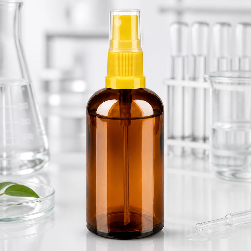 100 ml butelka ze spryskiwaczem żółta/przezroczysta STD BrownLine UT18/100 Wysokiej jakości butelka z rozpylaczem o pojemności 100 ml wykonana z bursztynowego szkła chroniącego przed promieniowaniem UV z precyzyjnym systemem rozpylającym