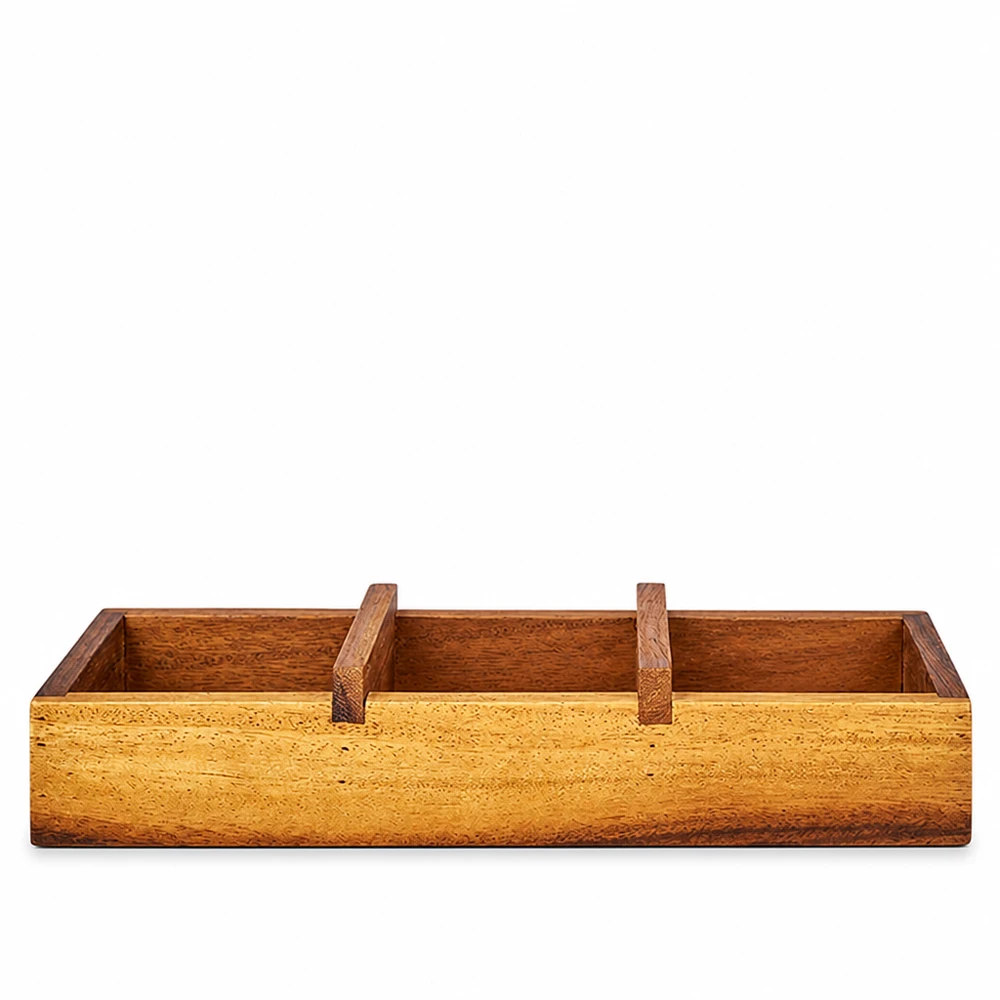 Taca do serwowania Box3 z drewna akacjowego na 3 kubki WECK Taca do serwowania Box3 wykonana z drewna akacjowego z trzema przegrodami na kubki WECK brązowe naturalne drewno prostokątna z uchwytami