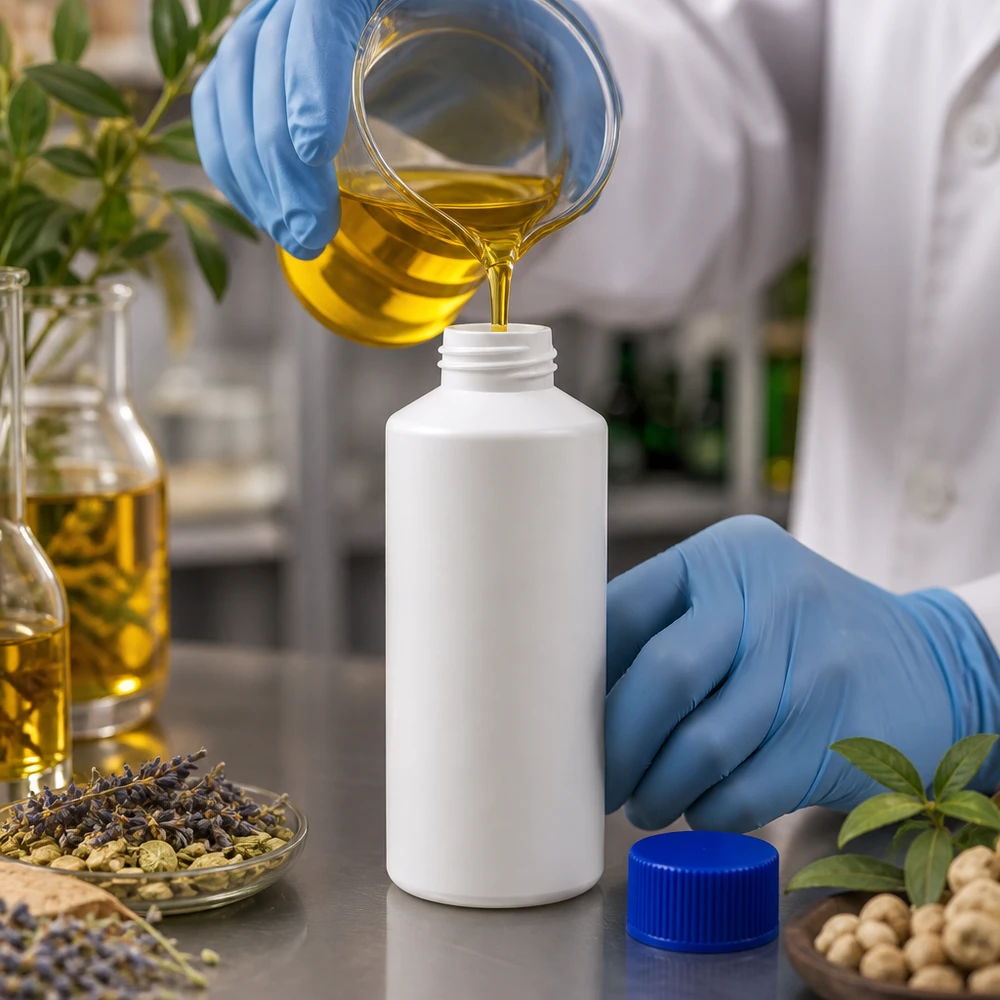Technik laboratoryjny napełnia białą plastikową butelkę o pojemności 100 ml złotym ekstraktem roślinnym