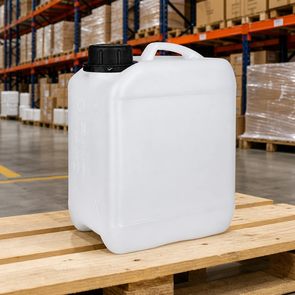 Prostokątny kanister z HDPE o pojemności 2,5 l, w kolorze białym, o konstrukcji z szerokimi ramionami i ergonomicznym uchwytem do przenoszenia