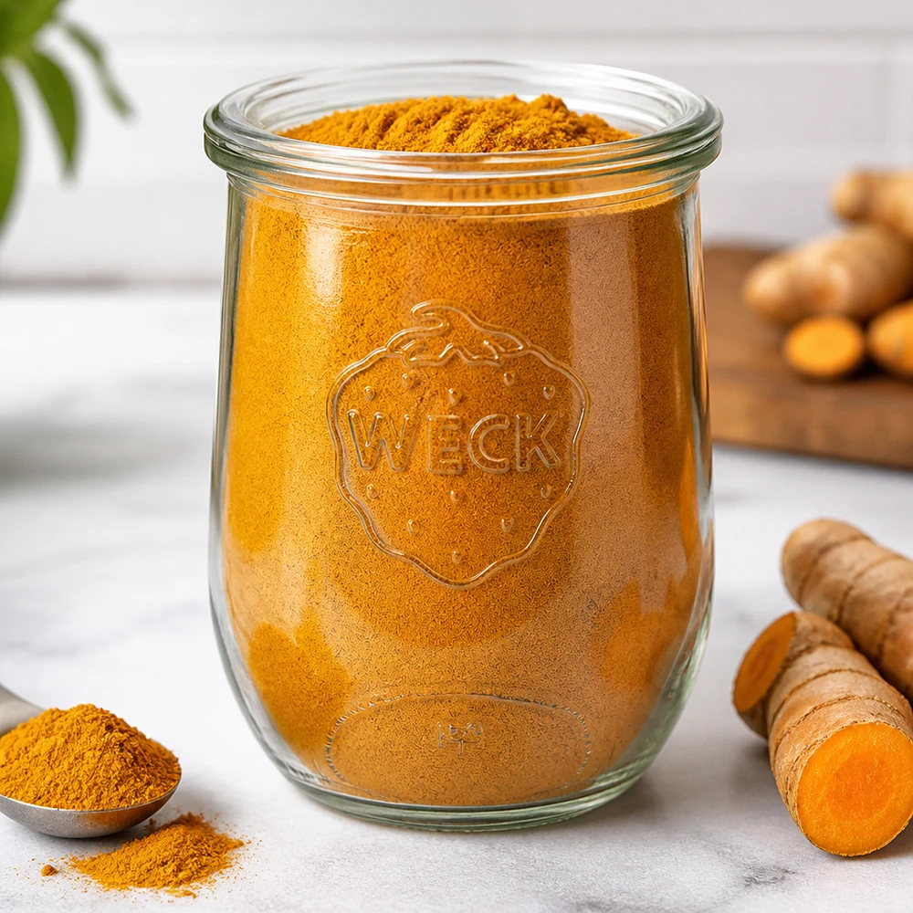 WECK słoik tulipan 1062ml RR100 wypełniony kurkumą w proszku obok świeżych korzeni kurkumy Kuchnia do przechowywania przypraw