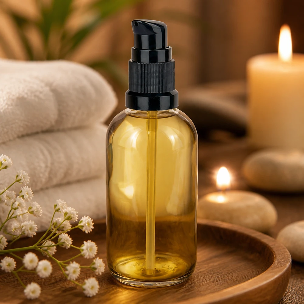 100 ml butelka z pompką czarna STD ClearLine UT18/100 Szklana butelka o pojemności 100 ml w kolorze bursztynowym z czarną pompką dozującą – olejki do masażu, świece, wellness, spa
