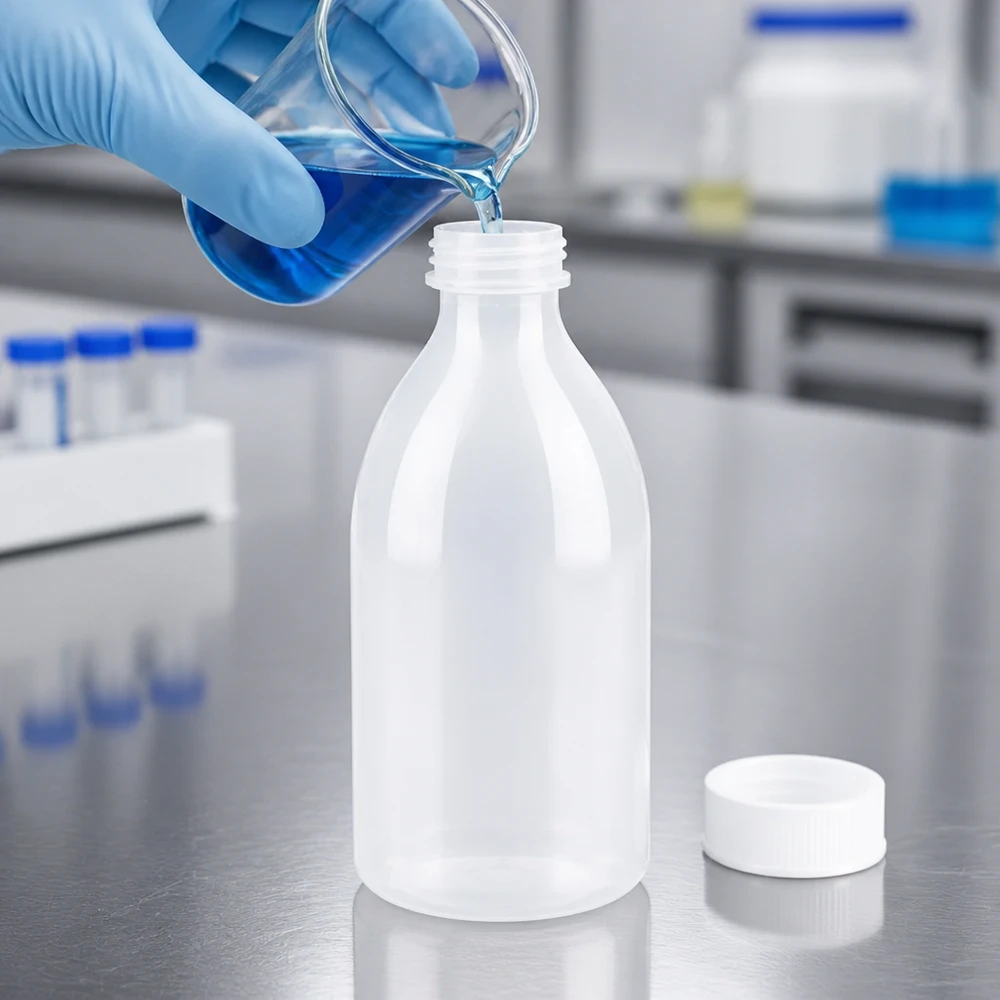 Butelka zakręcana 250 ml, butelka laboratoryjna z wąską szyjką Niebieski płyn jest rozlewany do butelek z LDPE o pojemności 250 ml z wąską szyjką i zakrętką