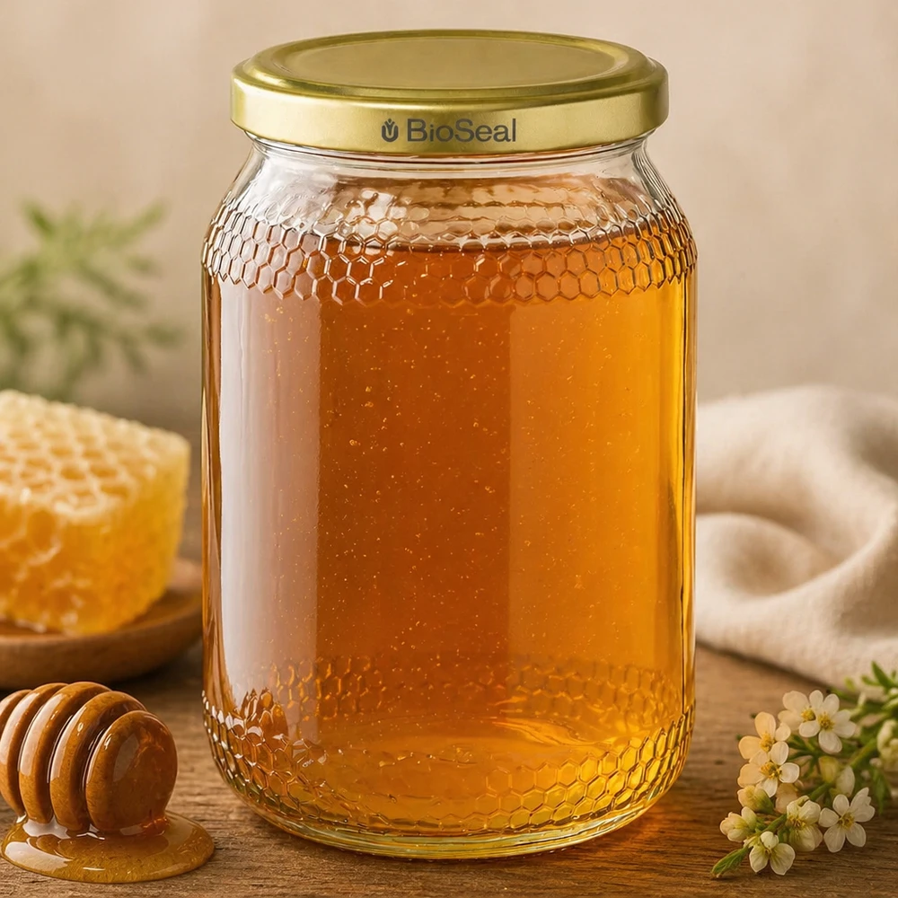 900ml słoik na miód wypełniony złotym miodem BioSeal pokrywka o wyglądzie plastra miodu miarka do miodu kwiaty drewniany stół artykuły pszczelarskie