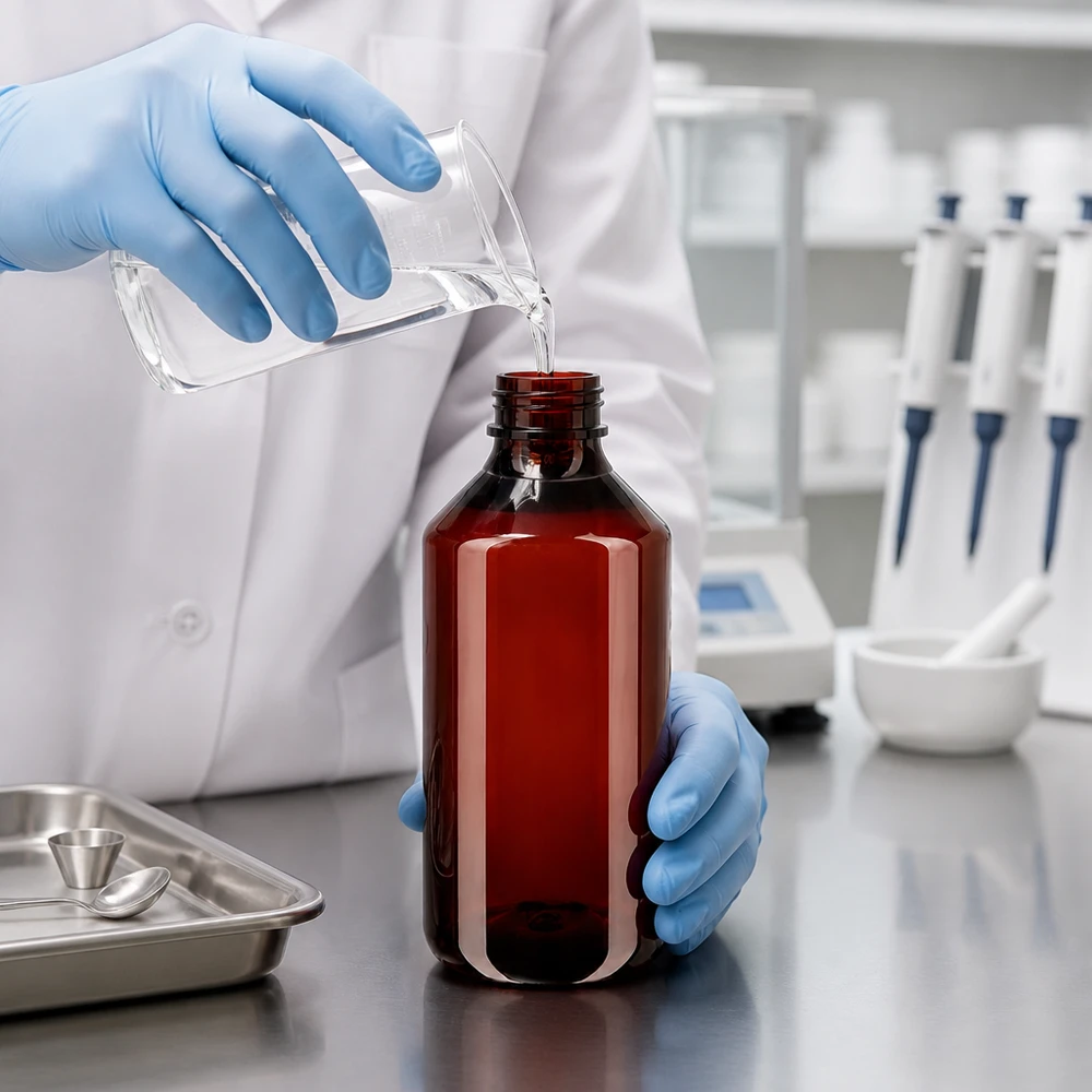 Farmaceuta napełnia brązową butelkę PET o pojemności 750 ml przezroczystym roztworem i zakręca ją oryginalną białą nakrętką