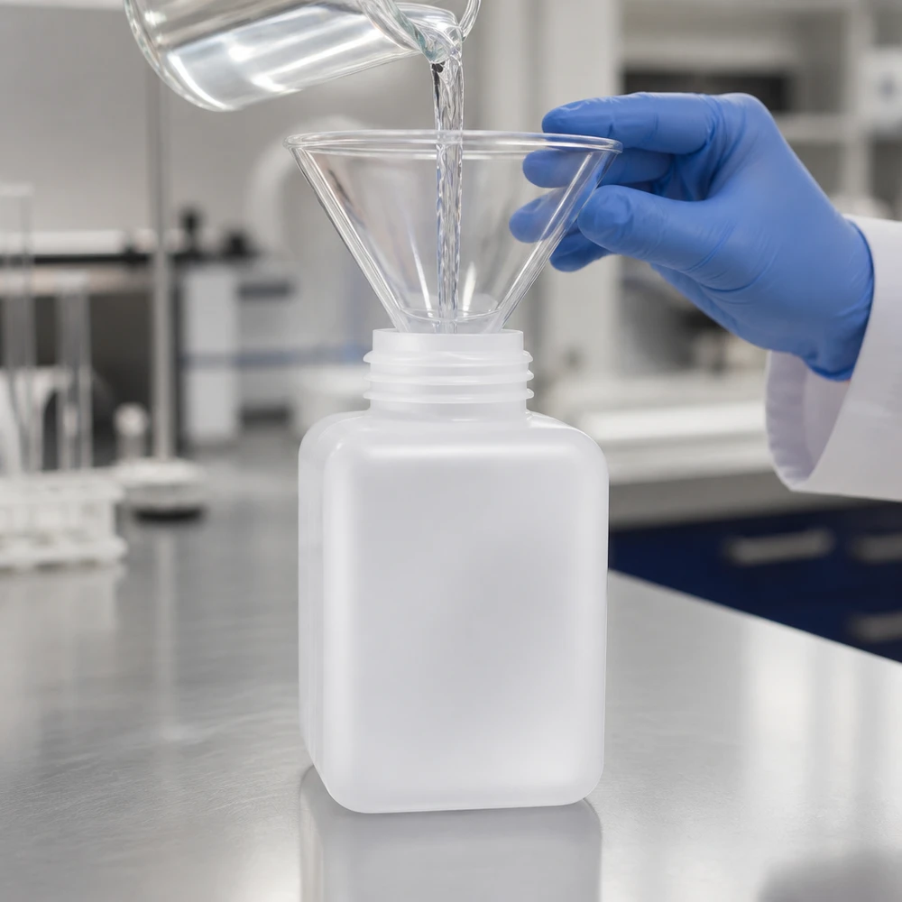 Przezroczysty płyn jest nalewany przez szklany lejek do kwadratowej butelki na chemikalia o pojemności 500 ml, wykonanej z naturalnego polietylenu wysokogęstościowego (PE-HD)